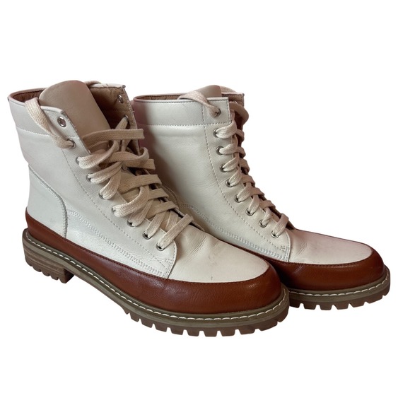 Womens White and Cognac Brown Two Tone Lace Up Lug Sole Combat Boots Size 8 - Picture 2 of 10
